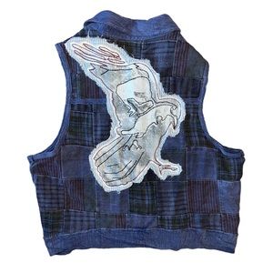Free People Blue Plaid Tank Top with Eagle Motif